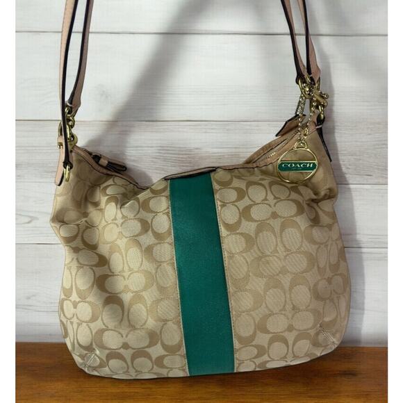 COACH Convertible Hobo Shoulder Bag Crossbody Tan Green Stripe Purse F29941 - Picture 16 of 16